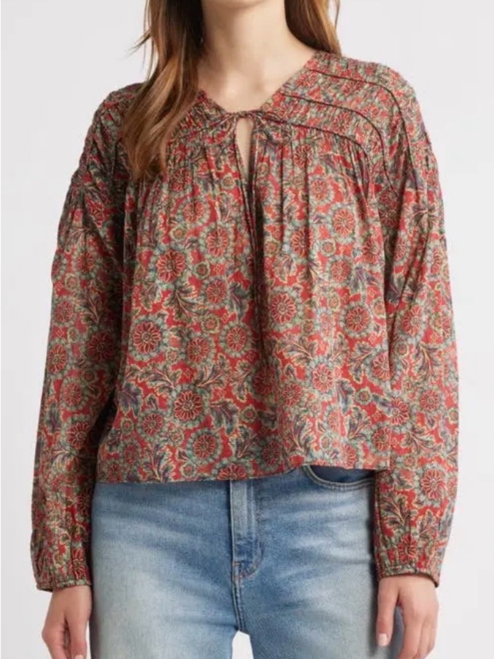 DÔEN Renelle Tie Neck Top in the colorway L'Orange Soleil Fleurit. Size Med NWT